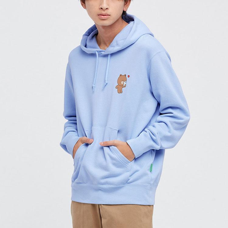 Uniqlo X Line Friends Мультяшный Медведь Принт Худи с Длинным Рукавом Мужские худи Светло-Голубой 446653-61