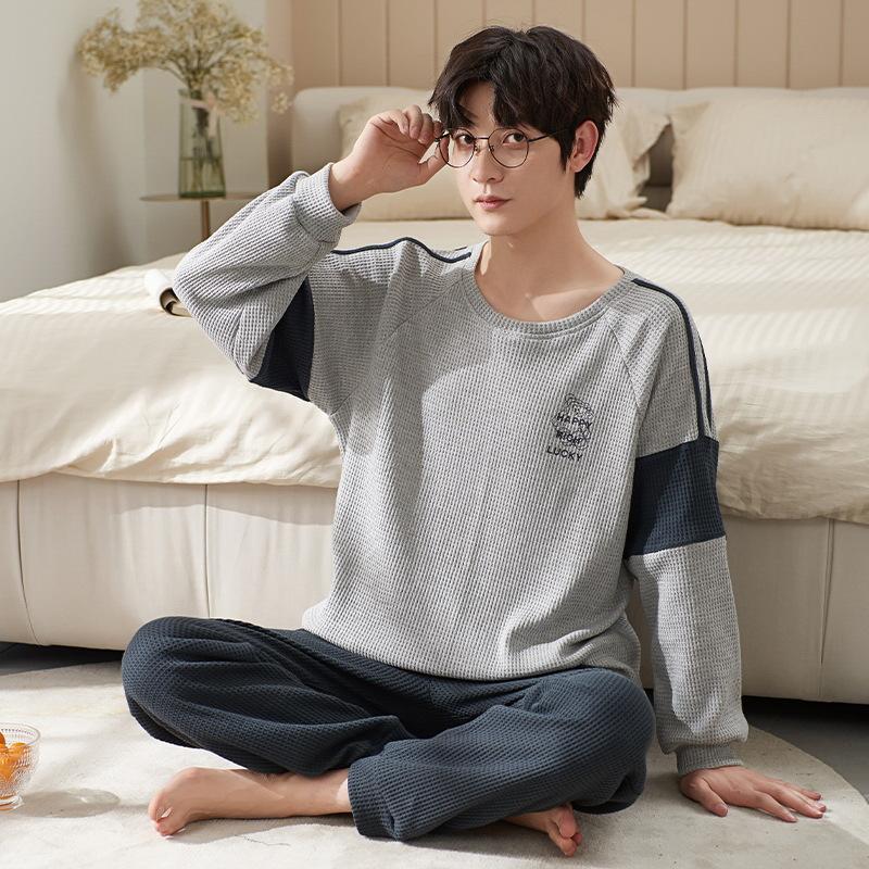 Пижамы мужские с длинным рукавом из хлопка весна и осень простой молодежный домашний костюм для отдыха можно носить