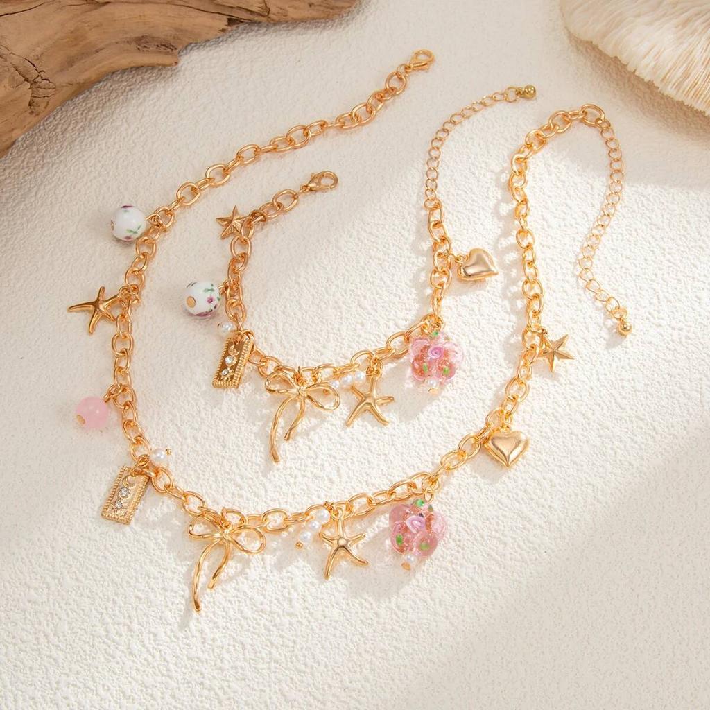 Salircon 2026 Fashion Charm Starfish Bowknot Pendant Choker Necklace Bracelets Women Summer Party Daily Wear Trendy Jewelry Set