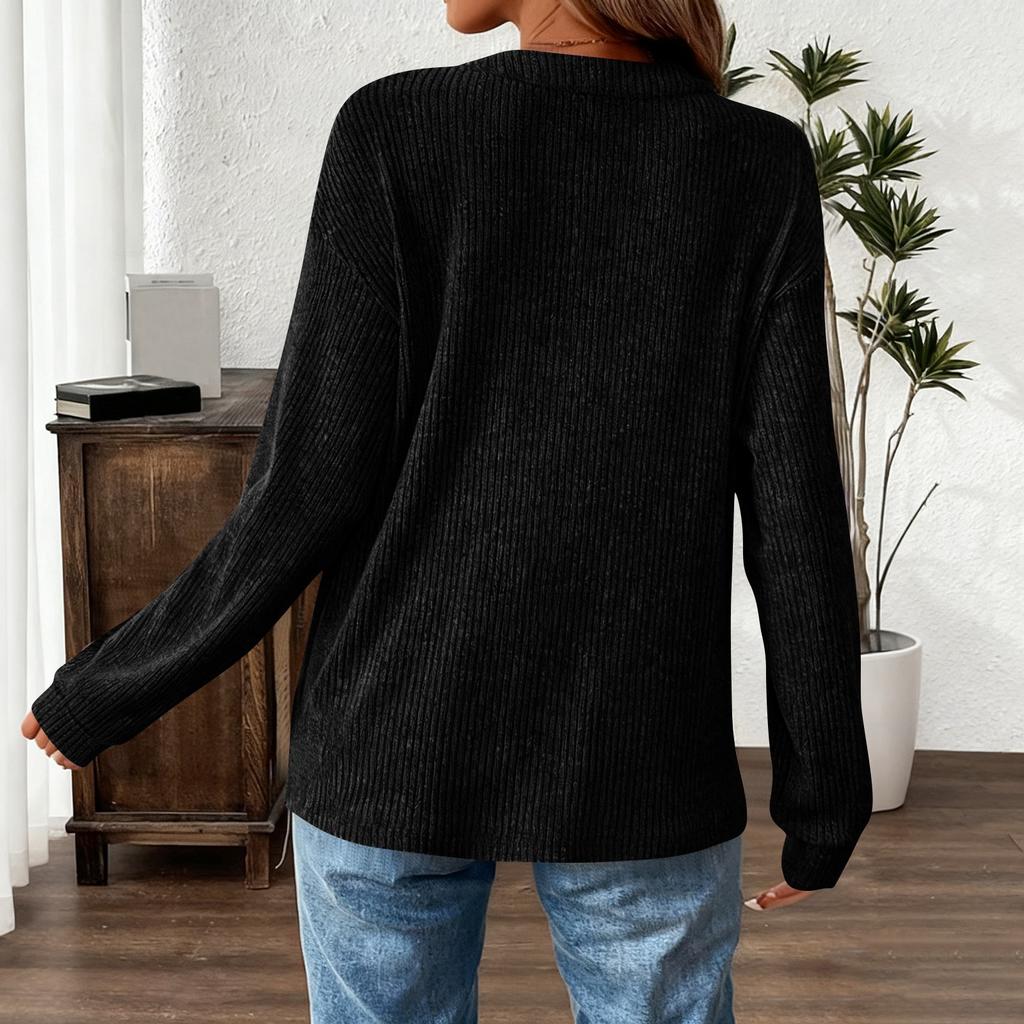 Women's Fashionable Solid Color Round Neck Button Pocket Loose Long Sleeved Pullover Top