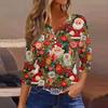 Women's Fashionable Casual Christmas Printed V-neck Three-quarter Sleeve Decorated Button Top