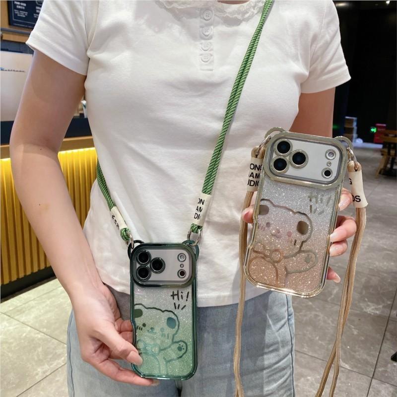 Cute Bear Ear Plating Crossbody Strap to Phone Case For iPhone 17 16 15 14 13 12 11 Pro Max X Xs Max 7 8 Plus 17Air Cover Girl