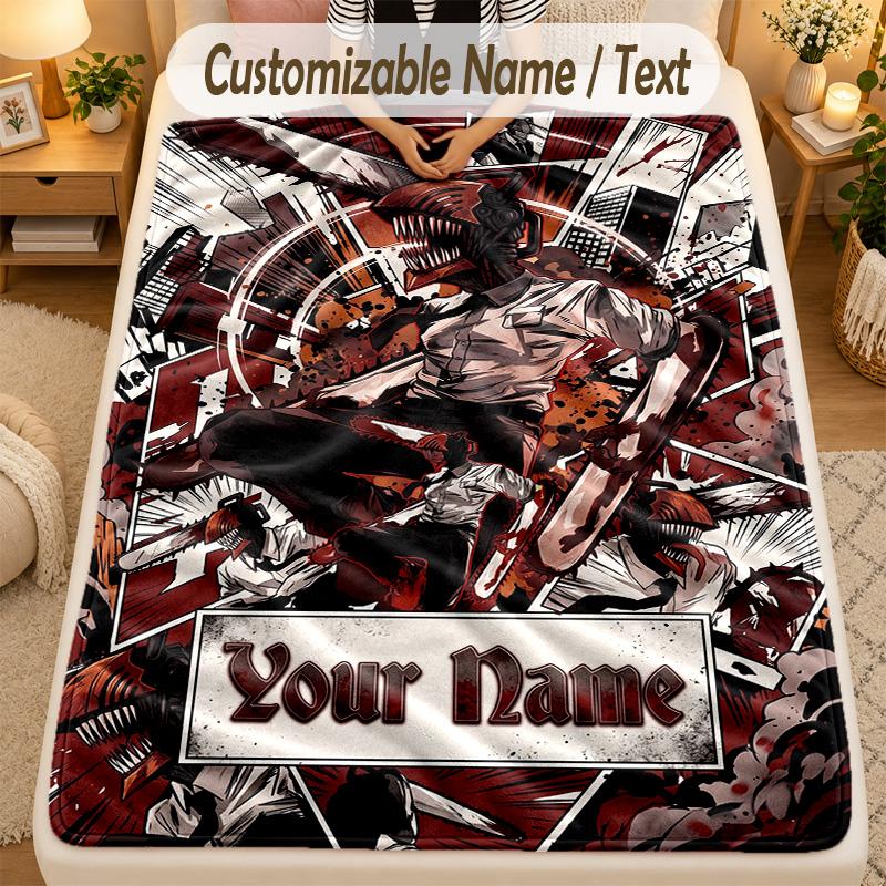 Flannel BlanketChainsaw Man Custom Name Text Personalized Soft Warm Throw Blanket Home Decor Gift