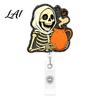 Retractable Badge Holder Halloween Reel Skeleton And Pumpkin Design Acrylic ID Card Key Ring with Sturdy Metal Clip for Nurses Office Staff