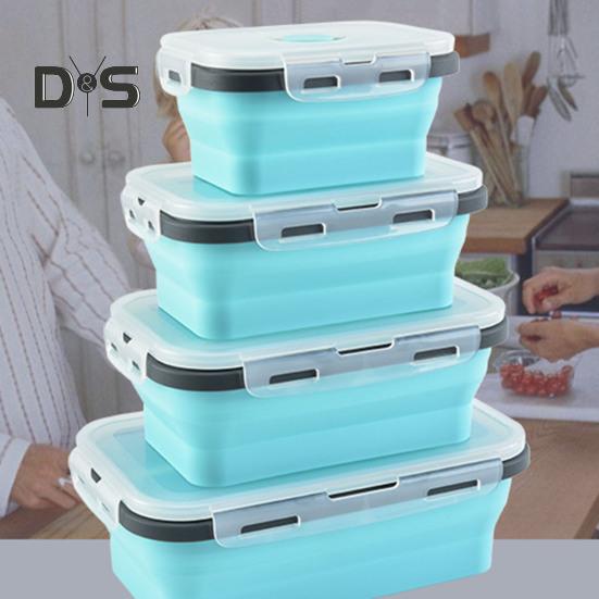 4Pcs Collapsible Food Storage Container With Lids Flat Stackable Refrigerator Food Box Set Silicone Food Sealed Crisper Lunch Bento Box For