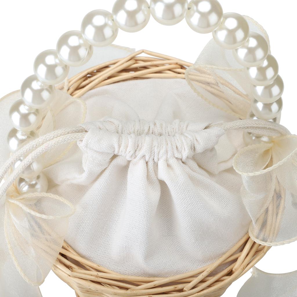 2pcs Pearl Carrying Basket Brown Rattan Small Pearl Handle Flower Basket for Wedding Gift Packaging