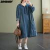 Autumn Winter Casual Lady Dress Thick Cotton Denim Blue Women Clothing Oversize Loose Long Sleeve Vintage Hooded Pockets