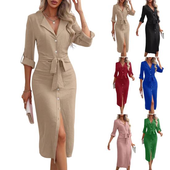 Lady Commuting Dress Turn-down Collar V Neck Lace-up Belted Waist Dress Single-breasted Long Sleeves with Cufflink Split Hem OL Office Midi Dress