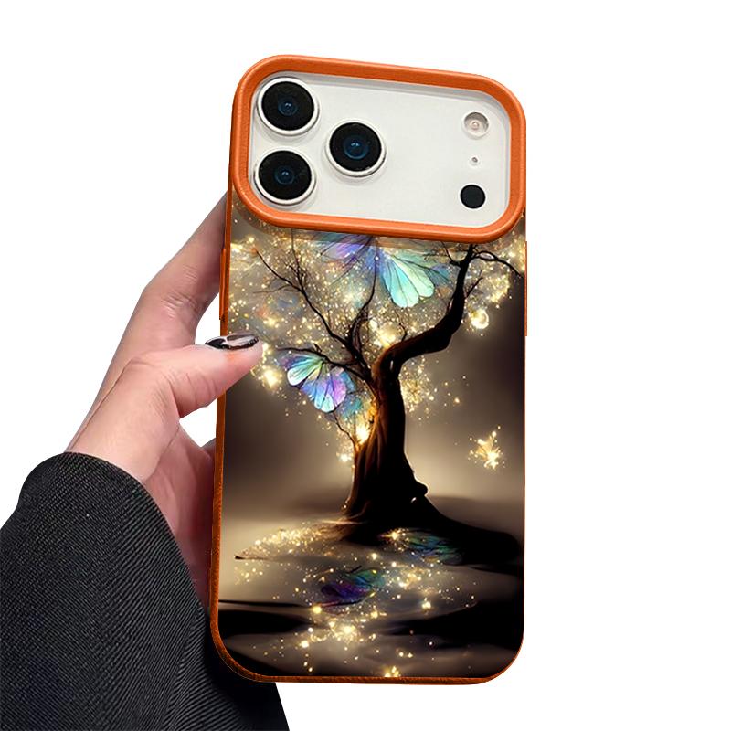 Для iPhone 17 Pro Max Чехол Роскошный Сияющий Фантастическое Дерево Узор Бабочки Кожаная Текстура Силиконовая Крышка Для iPhone 16 Pro Max 15 14 13 12 11 16E Air