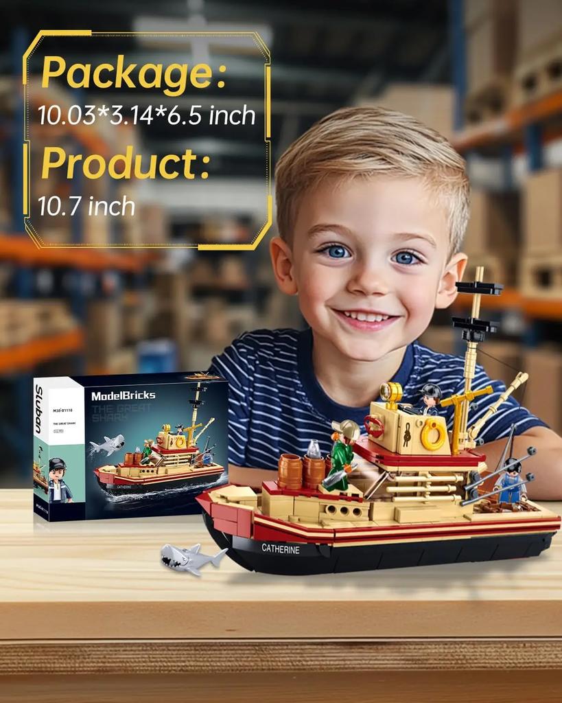 Non-Toxic 592Pcs Shark Fishing Ship Building Blocks Great White Model With Mini Figures Creative Diy Toy Birthday Gift For Kids Adults