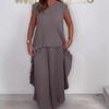 Women's Light Gray Jumpsuit with Ruffled Hem and Side Slit, Casual Loose Fit Short Sleeve Romper