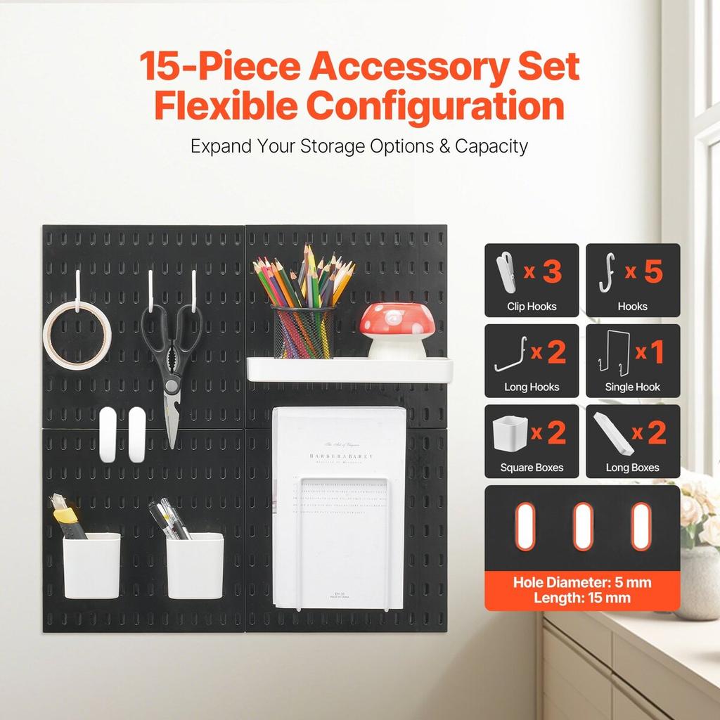 Pegboard Combination Kit 11 x 11" Plastic Pegboard 4 Panels for Home Black