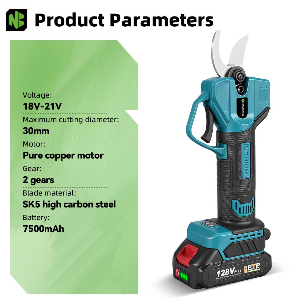 Newbeny 2 Gears 30mm Electric Pruner Shear Fruit Tree Bonsai Cordless Pruning Scissors Power Tools For Makita 18V Battery Pin
