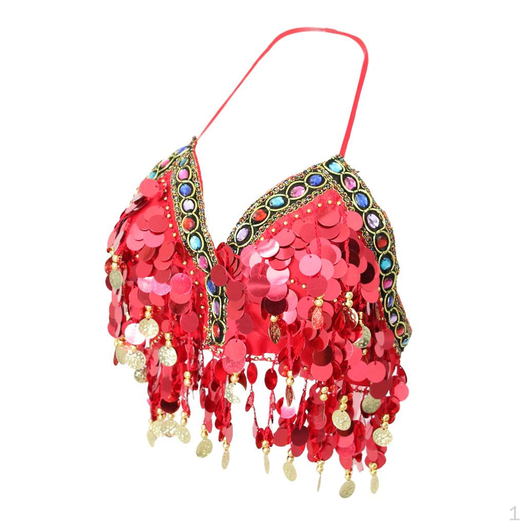Womens Sparkling Belly Dance Bra Sequins Tassel Coins Top Dancing Costume - Red, As Described