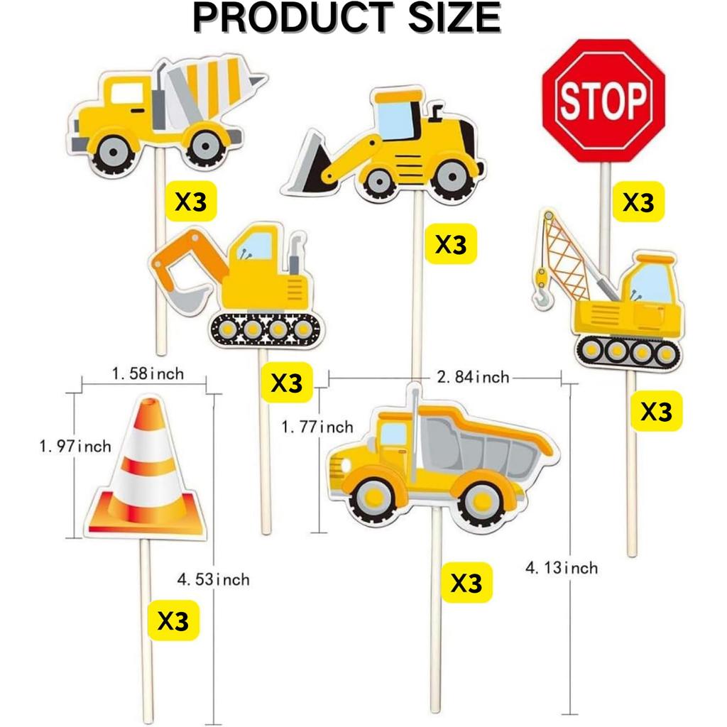 Construction Cupcake Toppers Picks Dump Truck Excavator Tractor Cake Toppers for Kids Birthday Baby Shower Party Decorations