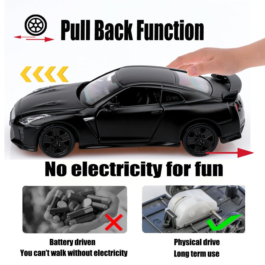 TOKAXI Масштаб 1/36 Модель автомобиля Nissan GTR из литого металла, Машинка с механизмом оттягивания NISSAN GTR R35, Подарок для мальчиков и девочек, Матовый черный