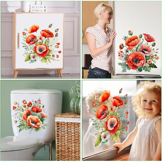 3Pcs Red 3D Poppy Flowers Toilet Seat Wall Sticker Self-Adhesive DIY Removable Watercolor Bouquet Toilets Stickers for Cistern Bathroom WC Restroom