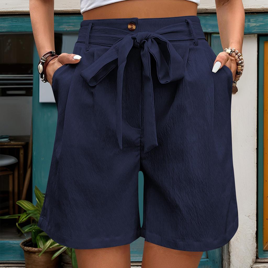 Women's Casual Pants Children's Tie Elastic Waist Solid Color Five-minute Pants Wide-leg Shorts