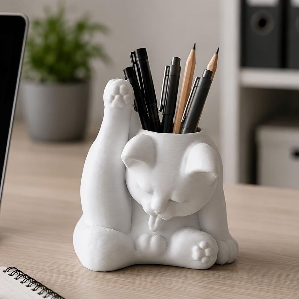 Funny Makeup Brush Holder 3D Printed Desk Storage Box Licking Paw Cat Statue  Stationery Storage