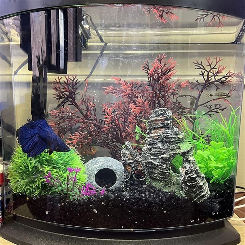 Fishtanks Scene Decoration with 7Pieces Artificial Fishtanks Plastic Plant and Cave Rock Aquariums Landscaping Coral Grass X3UC