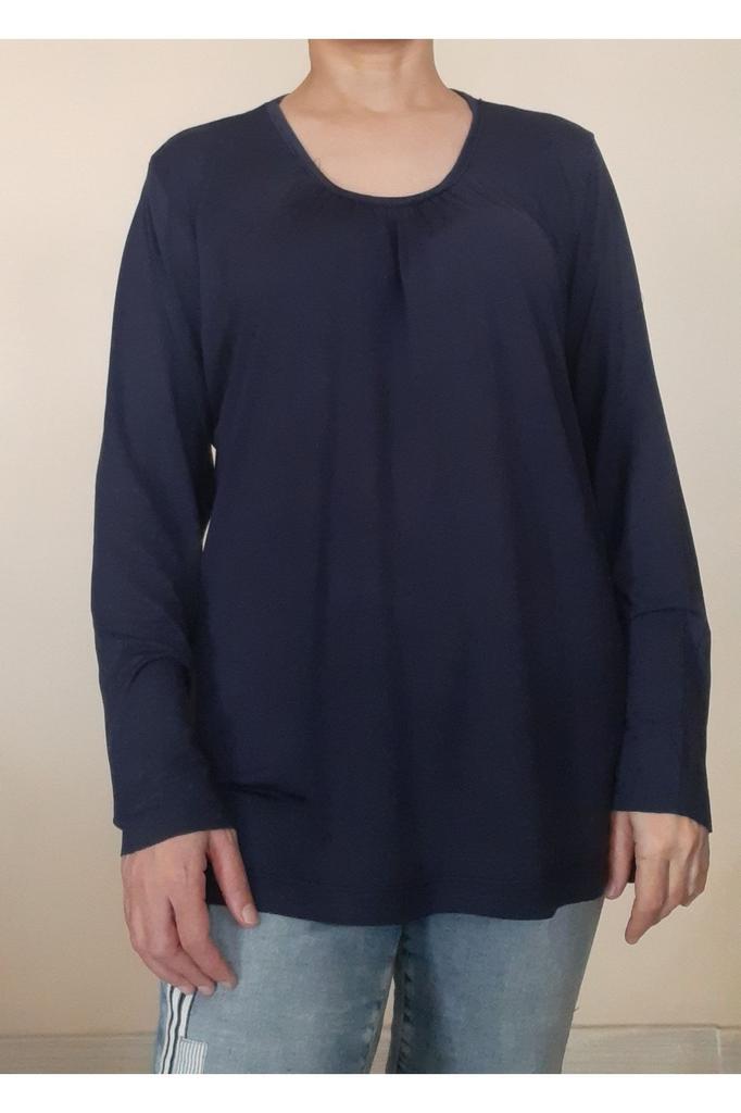 Женская стильная футболка большого размера, темно-синяя футболка из чесаного хлопка и вискозы с присборенным воротником