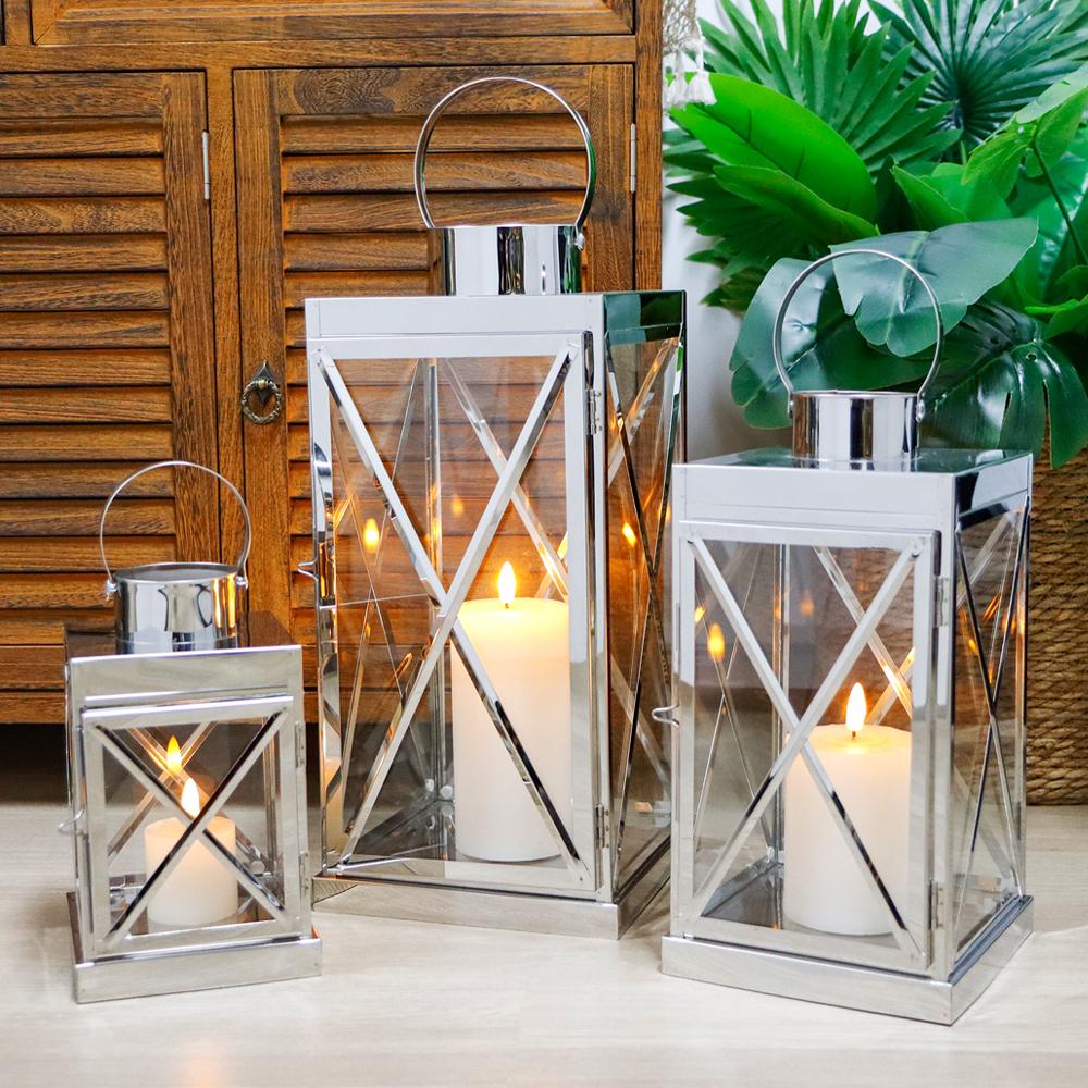 Set of 3 Sliver Candle Lantern Stainless Steel Metal Lantern Empty Square Candle Lantern for Wedding Decoration