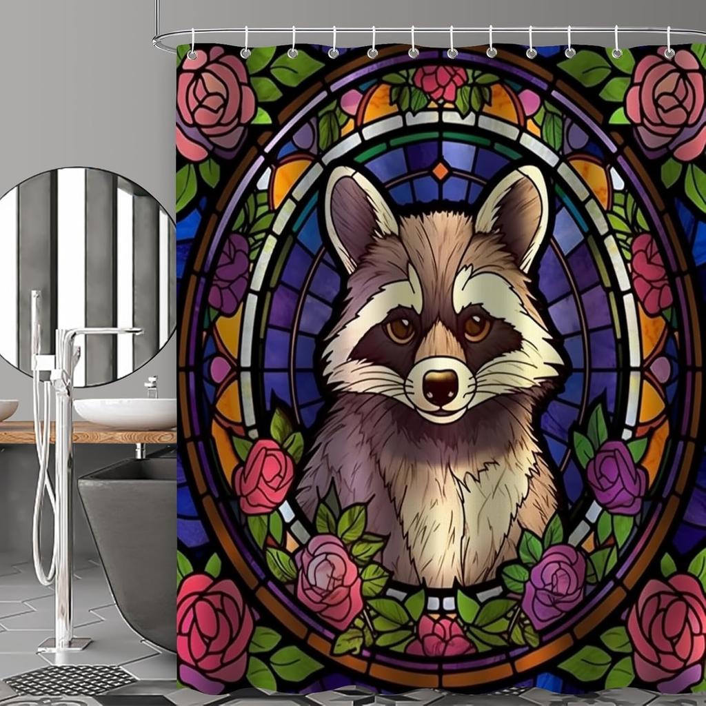 Fox Shower Curtain For Bathroom, Leaves Glass Art Shower Set, Cute Animals Abstract Fabric Modern Waterproof Bathroom Decor