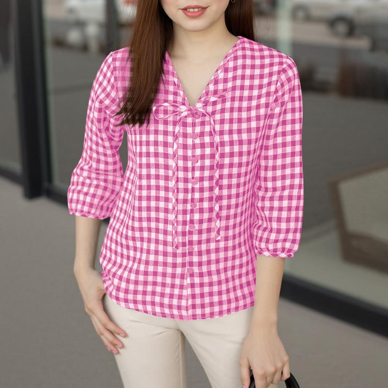 ZANZEA Женская повседневная блузка с V-образным вырезом и рукавом 3/4, свободная клетчатая блузка