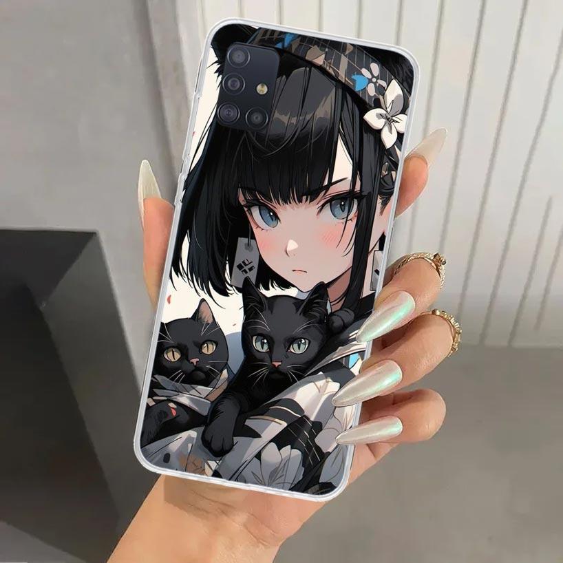 Милый черный кот Аниме Девушки Чехол для телефона для Samsung Galaxy A52 A32 A22 A12 A02S A50S A30S A10S Note 20 Ultra 10 Plus S10 A31 A20 A