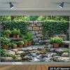 2D stone wall waterfall background fabric, stone wall with green plants and bonsai, flowing water of the waterfall