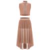 Girls Dance Outfit Sparkly Crop Top Keyhole Back Plus Irregular Hem Mesh Skirt Side Slit Performance Set