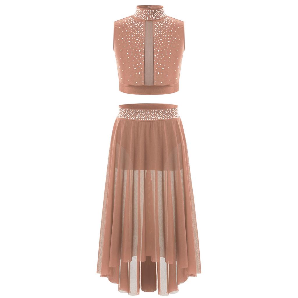 Girls Dance Outfit Sparkly Crop Top Keyhole Back Plus Irregular Hem Mesh Skirt Side Slit Performance Set