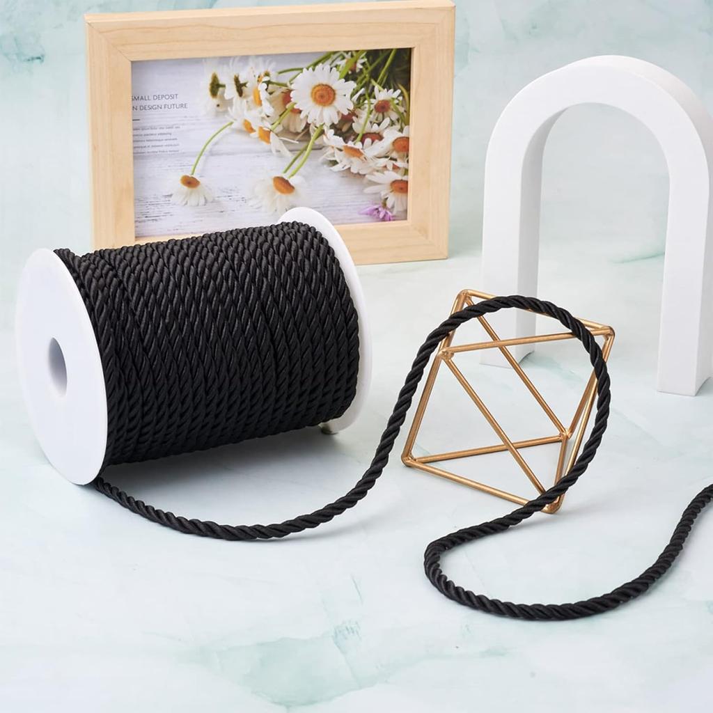 32.8 Yards Black Polyester Twisted Trim Cord Rope 5mm Twisted Decorative Cord Trim Thread String for Upholstery Curtain Tieback Honor Cord Home