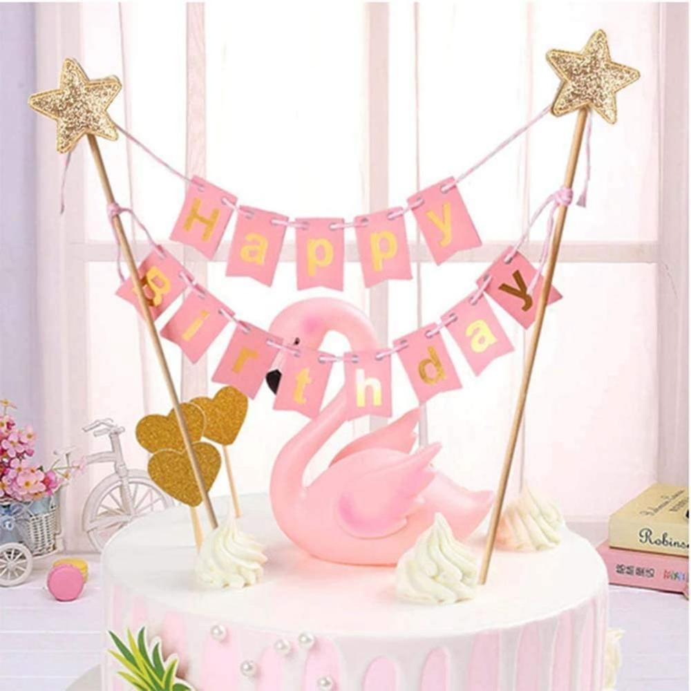 Shower Happy Birthday Gold Banner Bunting Cake Flags Baking Decoration Party Supplies Cake Topper
