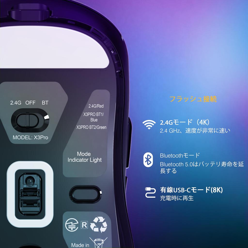 ATTACK SHARK X3pro Wireless Gaming Polling at PixArt PAW 3395 26000 Kailh GM Japanese Instruction Manual Included Mouse, 4K/8K Rate, Ultra-Lightweight