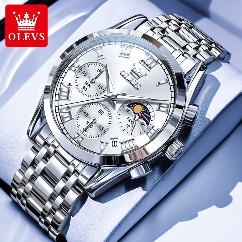 OLEVS 2871 Top Original Quartz Watch for Men Solid Steel Strap Roman Scale Classic Chronograph Moon Phase Calendar Men's Watches