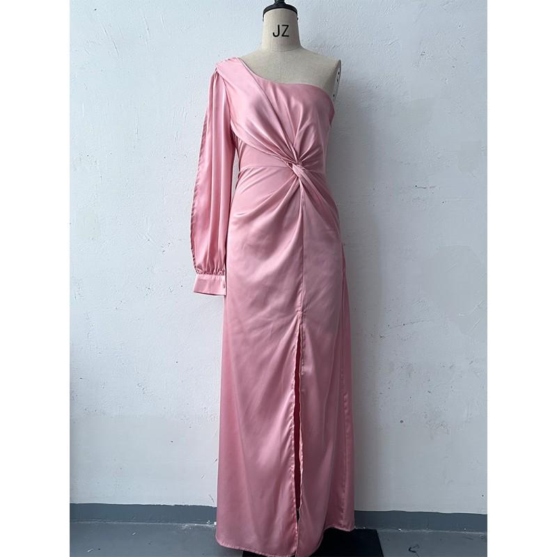 2026 Womens Slash Neck Raglan Sleeve Pleated Fitted Slit Sexy Long Dress