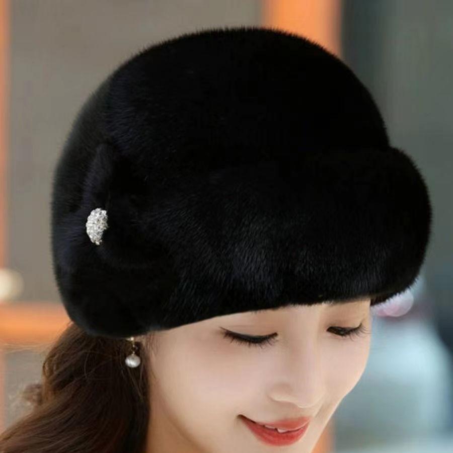 Women's Winter Mink Fur Imitation Top Hat Fashionable Leather Warm Hat Fur Toe Cap