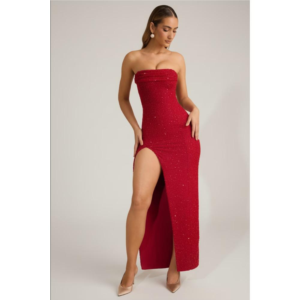 Женское strapless платье-макси с блестками, облегающее, с высоким разрезом, для вечеринки, вечернее платье