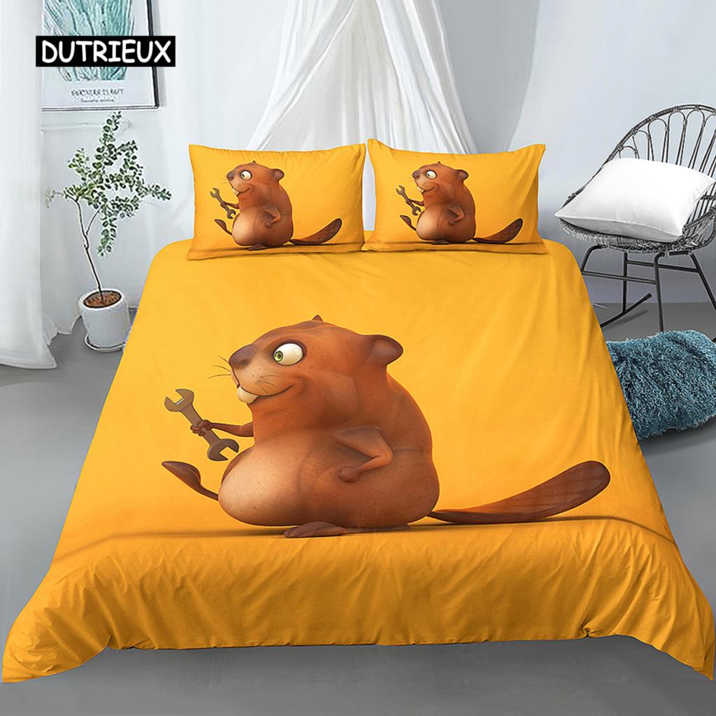 Мультяшный бобер Пододеяльник Размер King Size Queen Size Забавное Милое Животное Постельное Белье Коллекция Дети Девочки Дикая Природа Прочный Полиэстер Пододеяльник