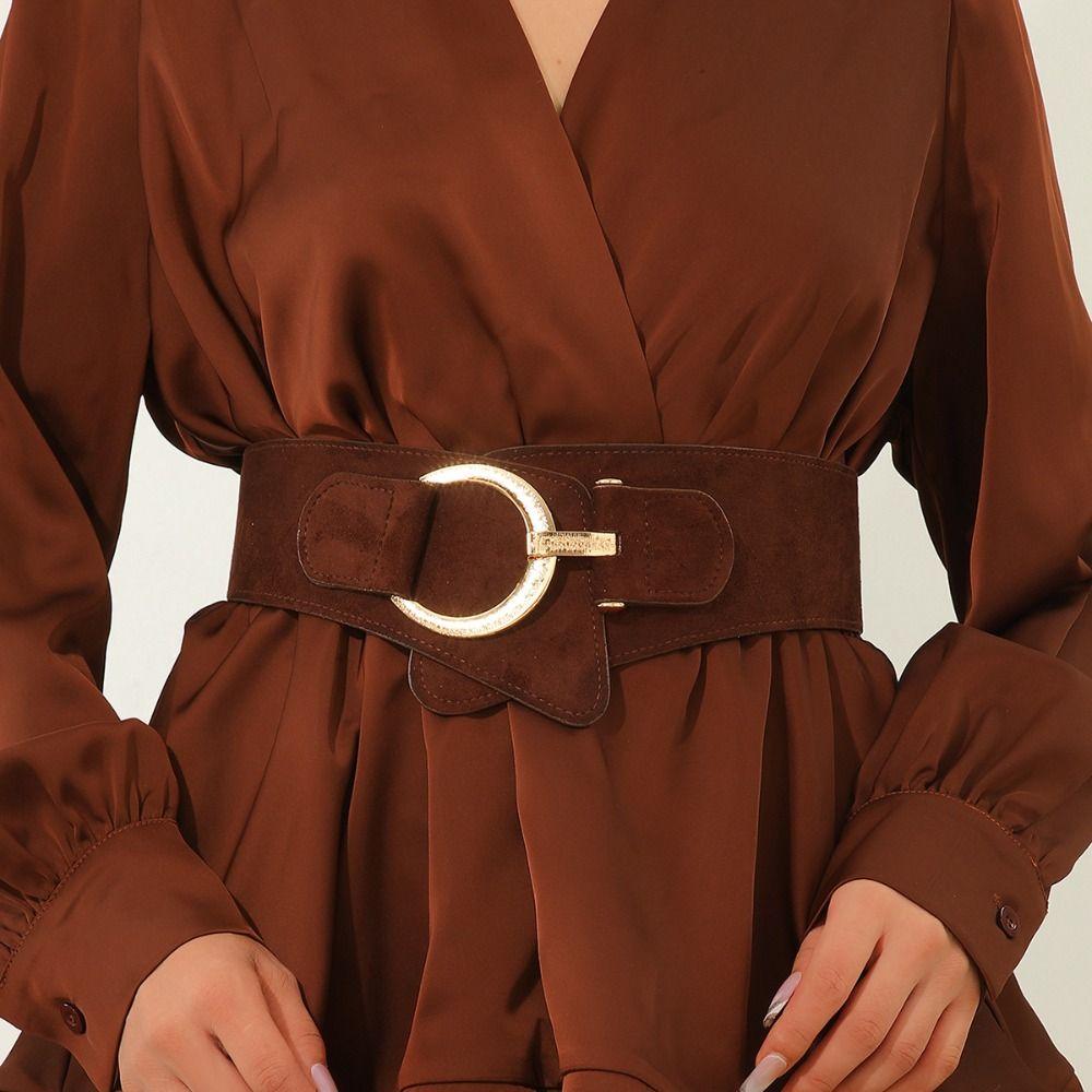 PU Leather Suede Belt Adjustable Wide Waistband Retro Elastic Cummerbunds Ladies