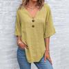 Women Summer Tops V-Neck Half Sleeve Casual Solid Color Tee Shirt Buttons Decor Loose Fit Mid-length Blouse