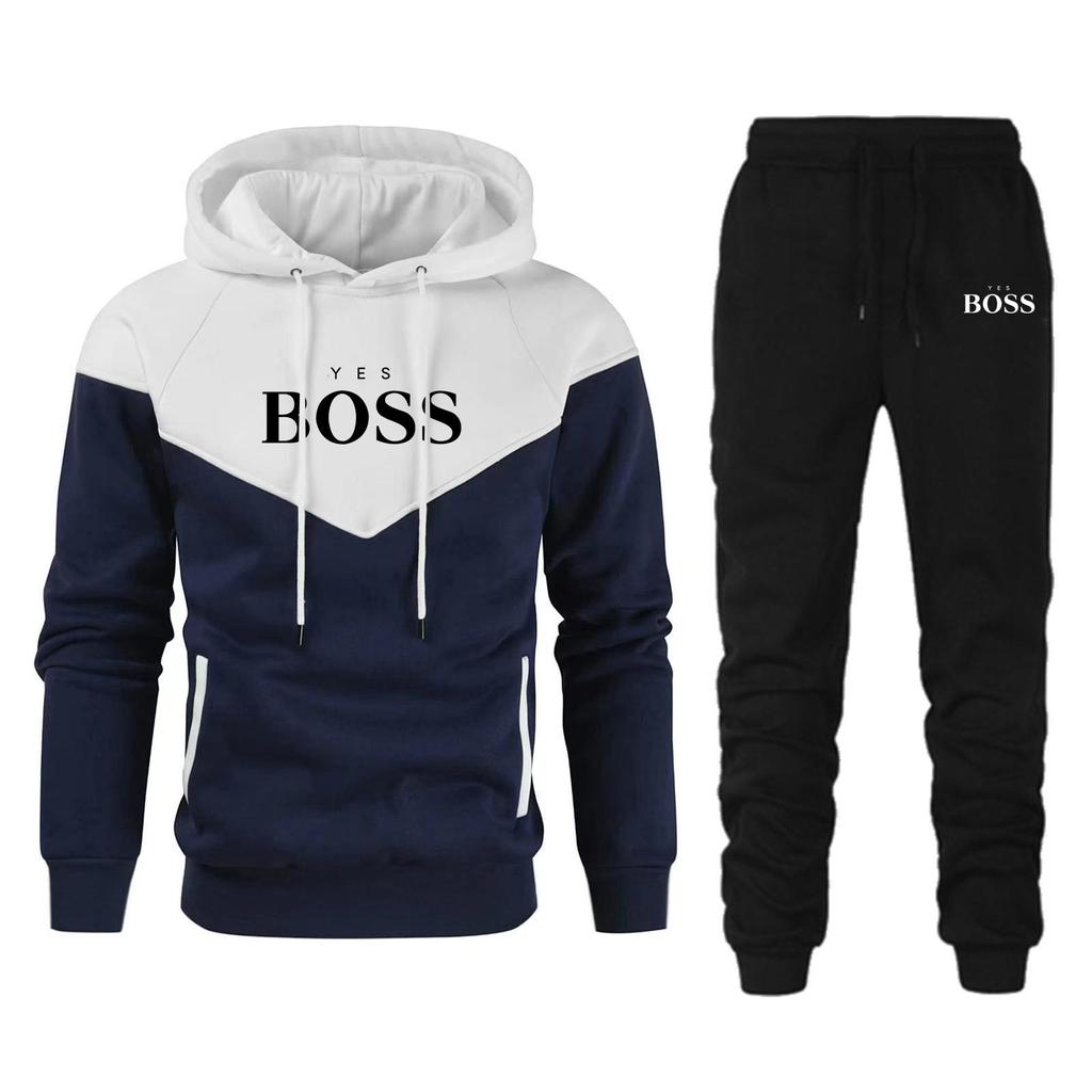 Autumn 2024 New Yellow Sportswear Tracksuits Men's Casual Plushed Warm Hoodie Set Color Matching Brand 2 Piece Set