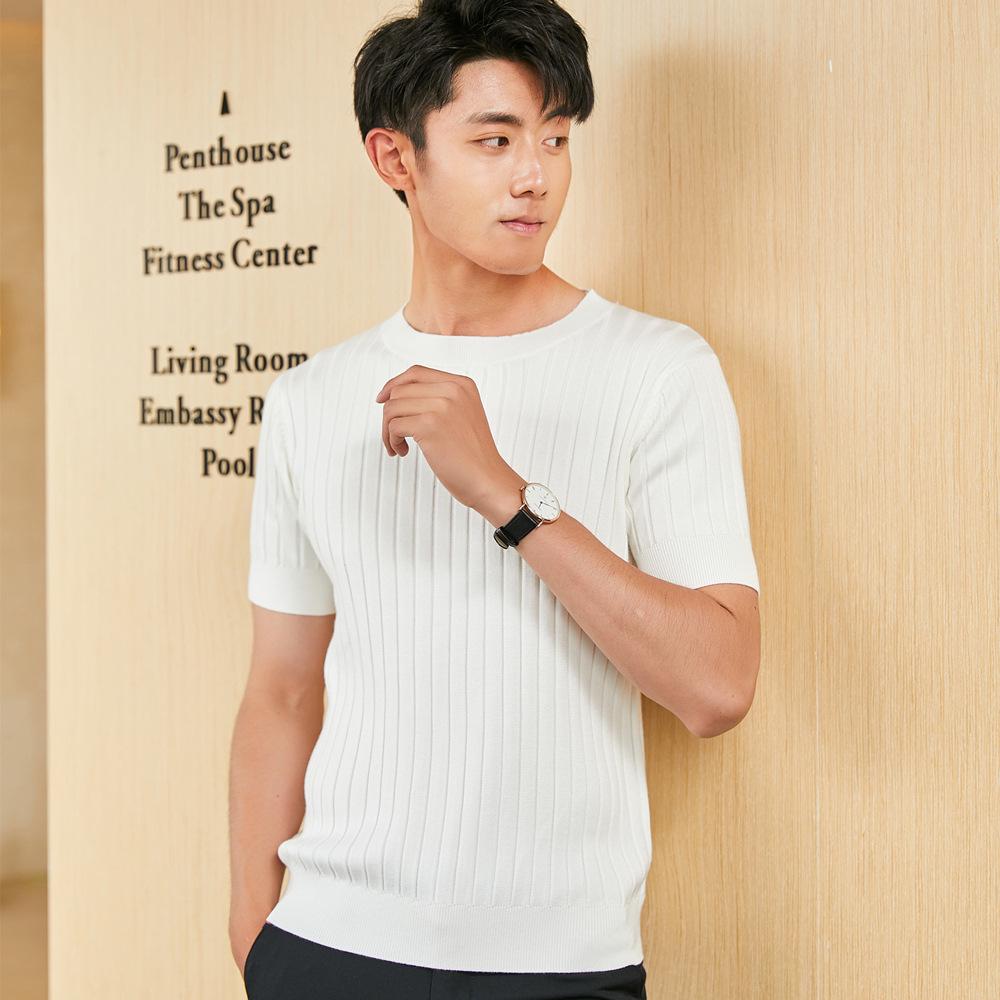 Мужской утолщенный шерстяной свитер с коротким рукавом: Модная вязаная футболка большого размера с круглым вырезом для осени и зимы