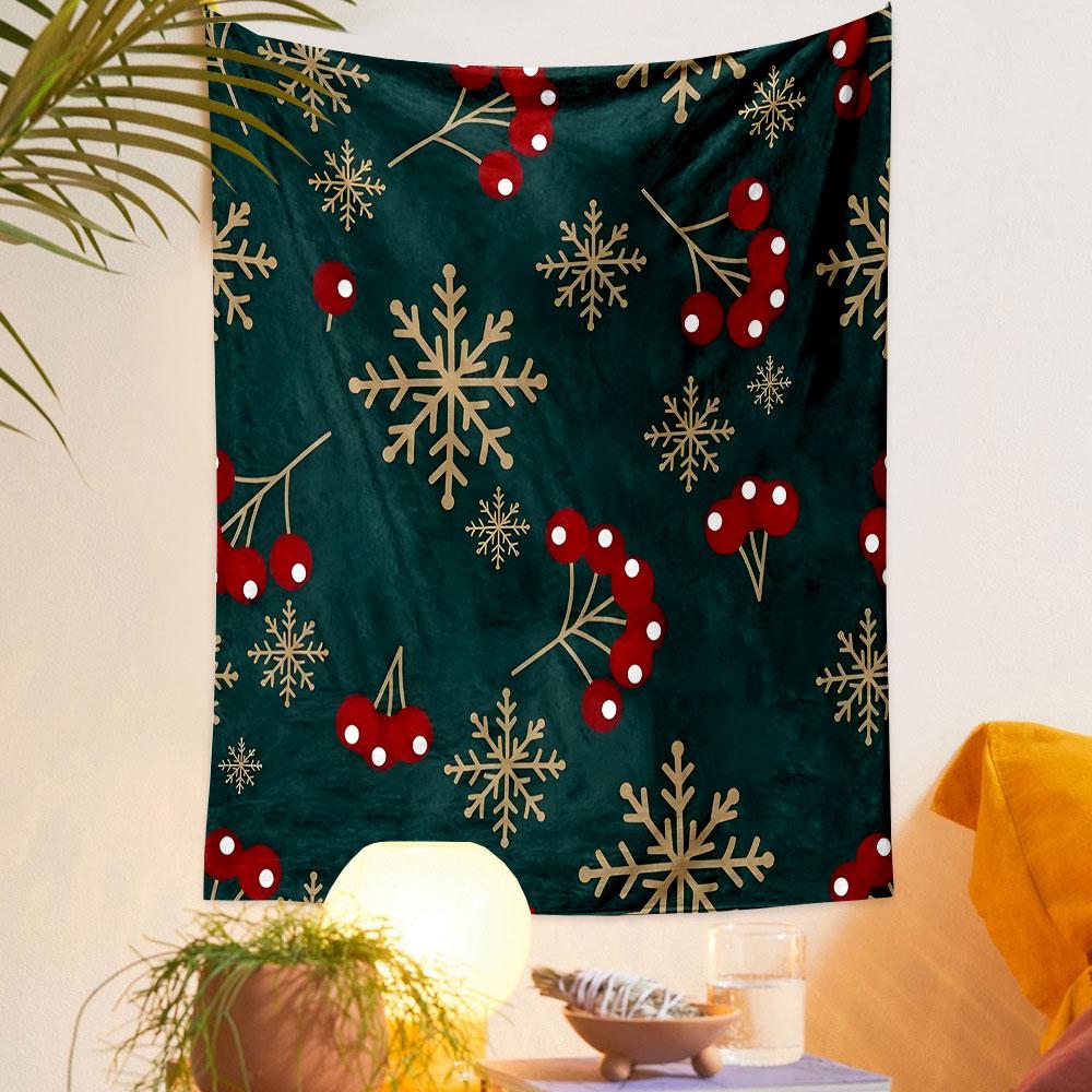 Snowflakes and Red Berries Pattern Patterned Tapestry Decorative Wall Hanging, Home Bedroom Living Room Decor