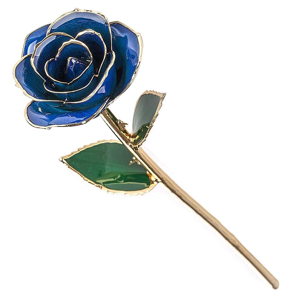 Real Dipped Blue Rose with Bracket Flower Decoration 24K Gold Plated Green Leaf Gift for Birthday
