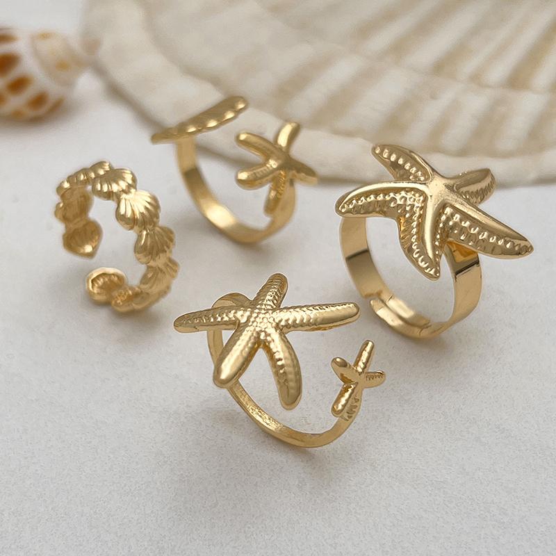 Starfish Shell Open Rings for Women Men Gold Color Irregular Textured Starfish Adjustable Rings Set Jewelry Gifts