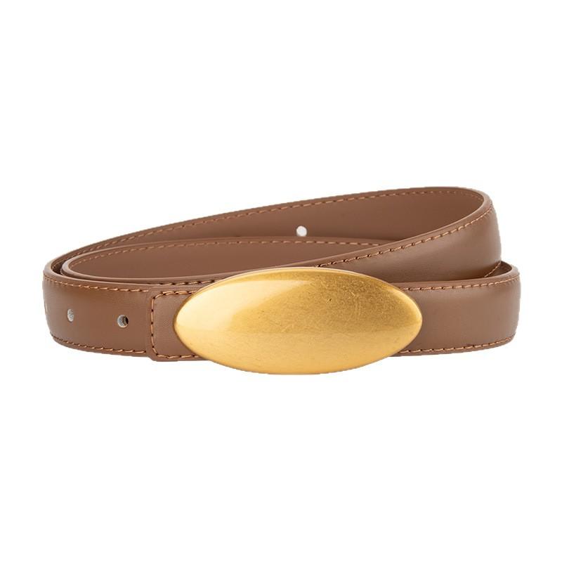 Women's Fashion Oval Gold Color Alloy Buckle Genuine Leather Waist-Cinching Belt Female Cummerbund Coat Waistband Narrow Belts