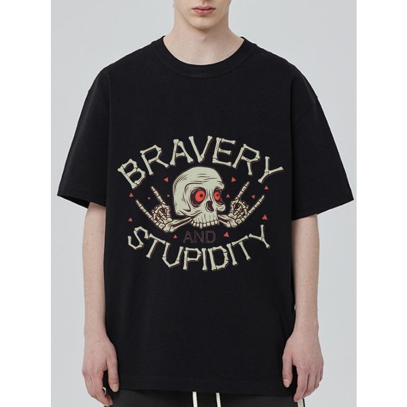 Black Oversized T Shirt with Bravery and Stupidity Skull Graphic for Casual Streetwear Style