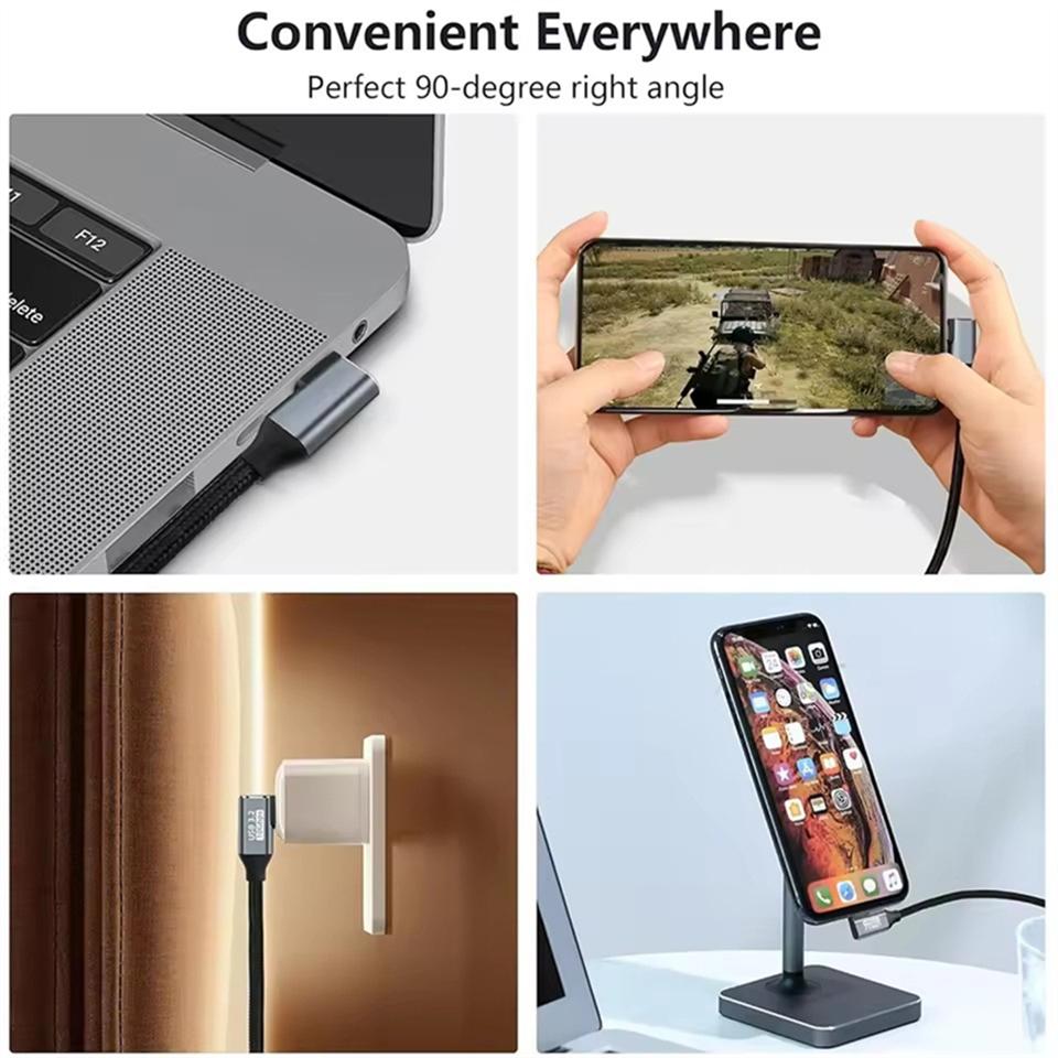Удлинительный кабель USB C под углом 90 градусов, передача питания 100 Вт, передача данных 10 Гбит/с, USB 3.1 Gen 2, плетеный кабель «папа-мама»